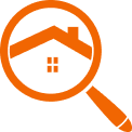 An outline of a magnifying glass with a house inside